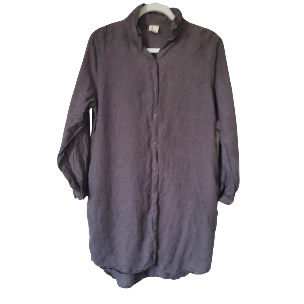 Sackcloth Flavor Women's Dark Gray Linen Long Sleeve Button Up Tunic Top Pockets